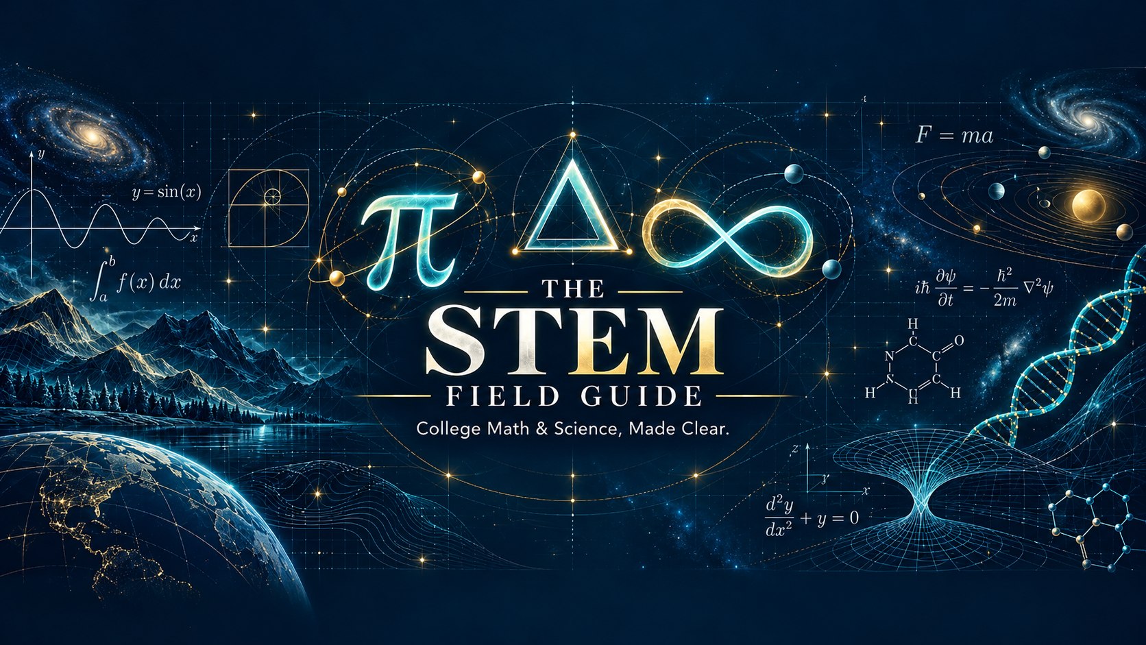 The STEM Field Guide scientific atlas design with pi, delta, infinity, graphs and science illustrations